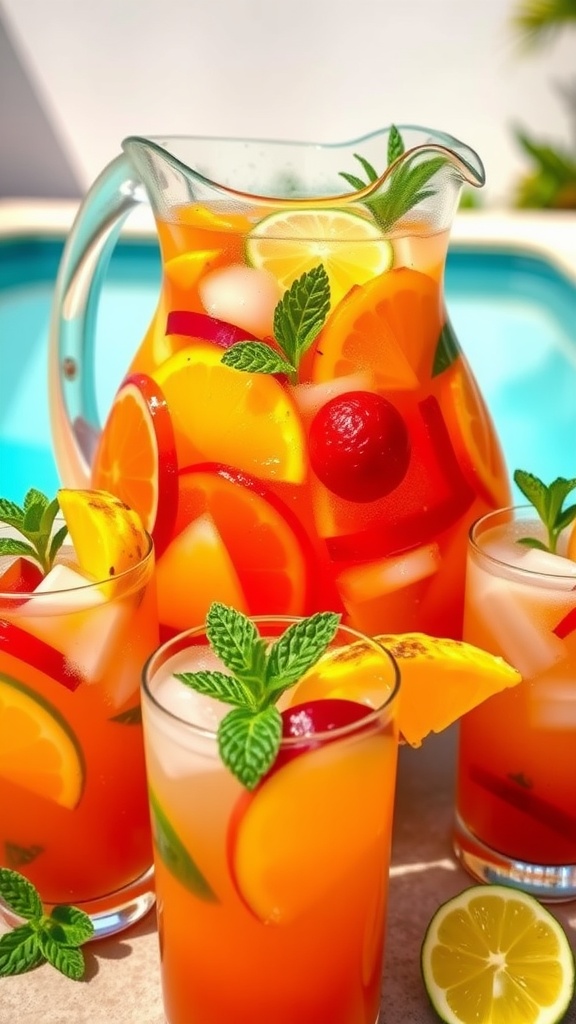 Refreshing Tropical Gin Punch Recipe A pitcher of refreshing tropical gin punch filled with fruits, served in glasses with mint leaves beside a pool.